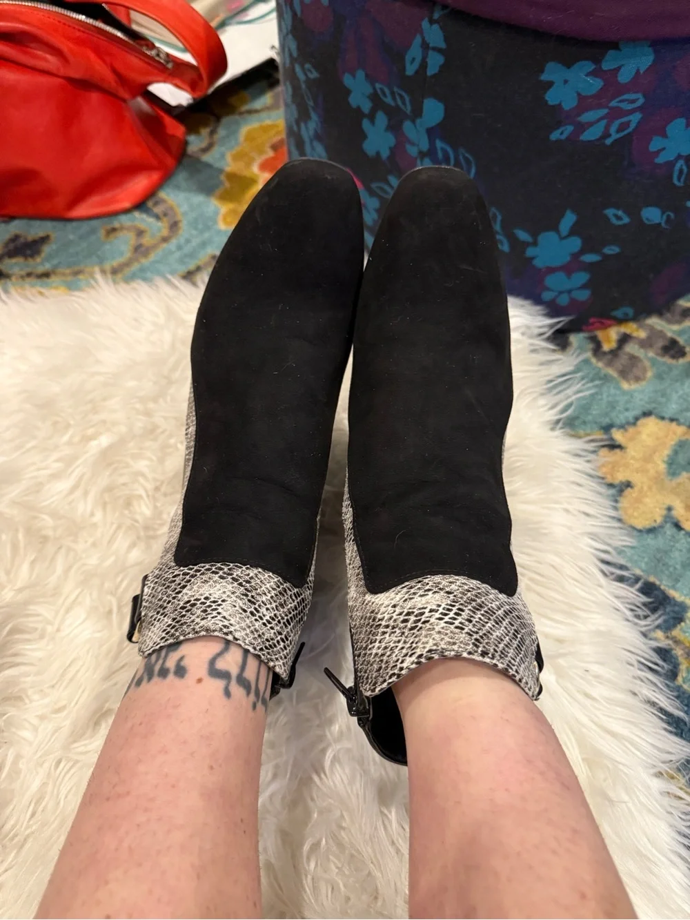 Shoe Dazzle Black Suede Ankle Boots with Snake-Print Cuff